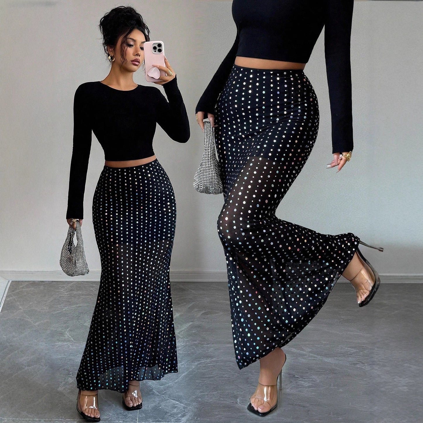 Shimmery Sequin Doublelayer Mesh Highwaist Figurehugging Hipskimming Skirt by DERILUJA LLC