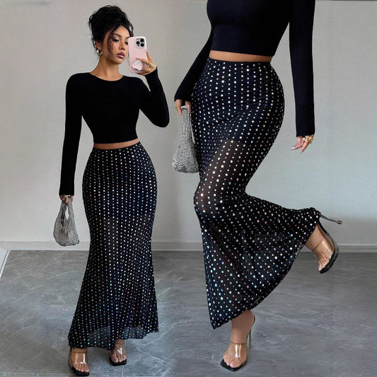 Shimmery Sequin Doublelayer Mesh Highwaist Figurehugging Hipskimming Skirt by DERILUJA LLC