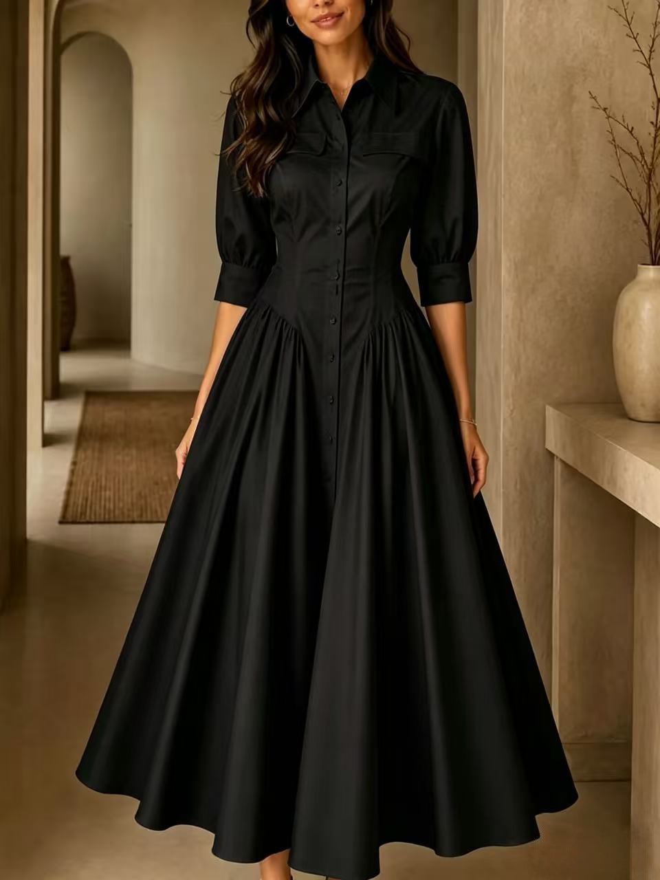 Cotton-linen Blend Single-breasted High-waisted Solid-color Dress by DERILUJA LLC