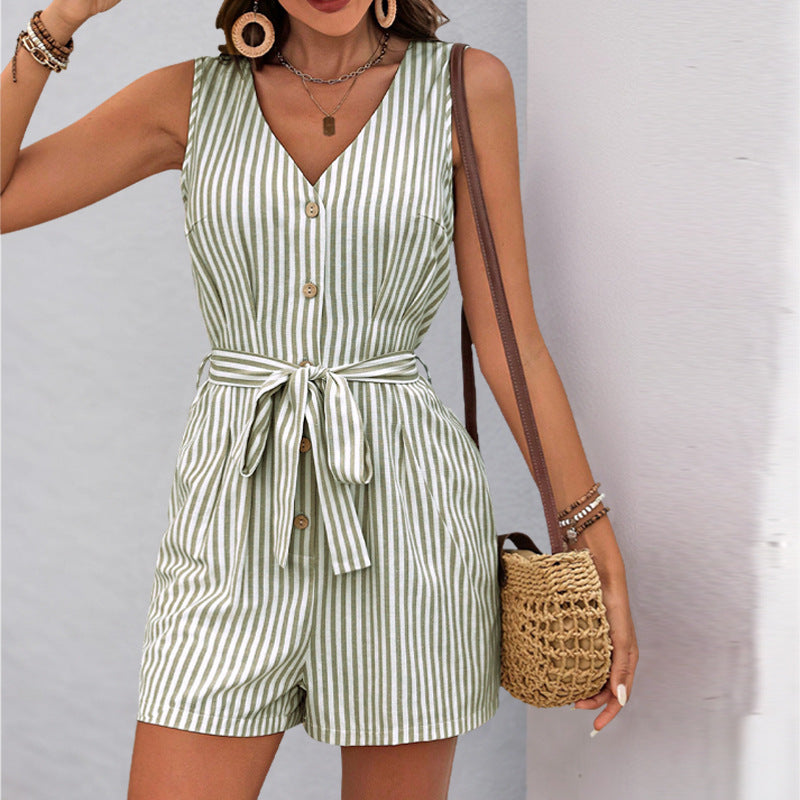 Fashion Jumpsuit V-neck Sleeveless Striped by DERILUJA LLC