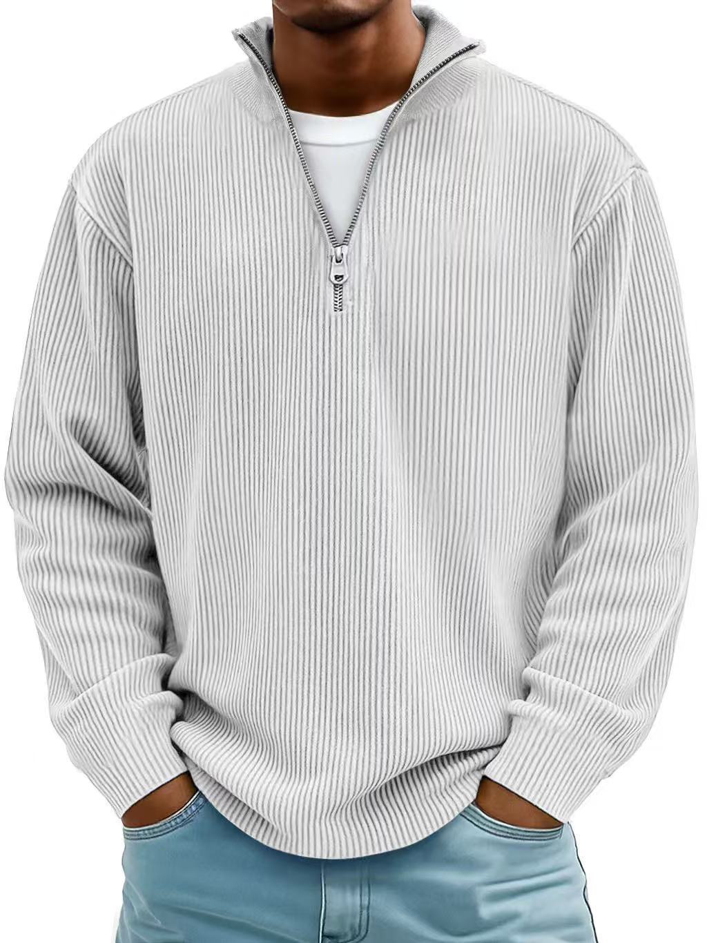 Corduroy Zipper Stand Collar Sweatshirt Fashion Warm Solid Color Long Sleeve Top Men's Casual Polo Shirt Clothing by My Store