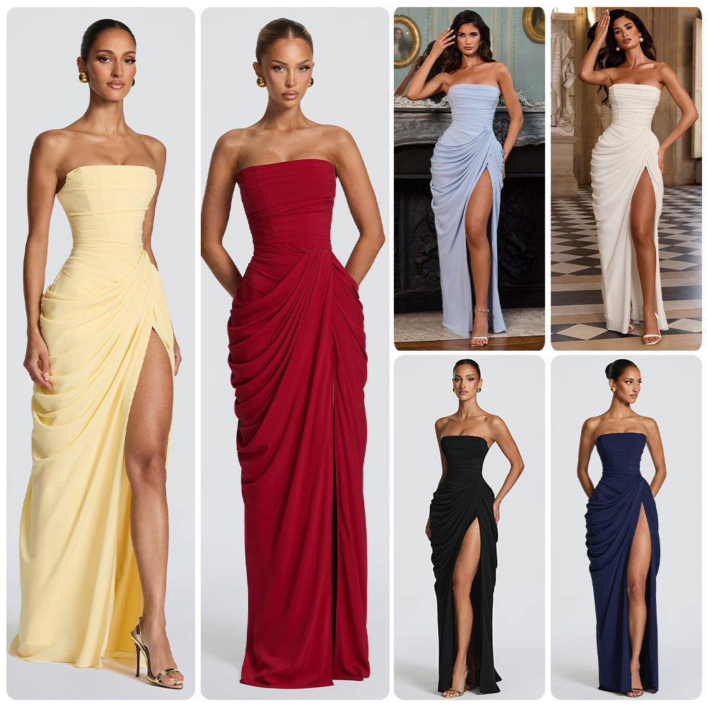 French Style Romantic Strapless Pleated Slit Dress - Women's Elegant Evening Gown For Summer Party Wedding Dresses by DERILUJA LLC