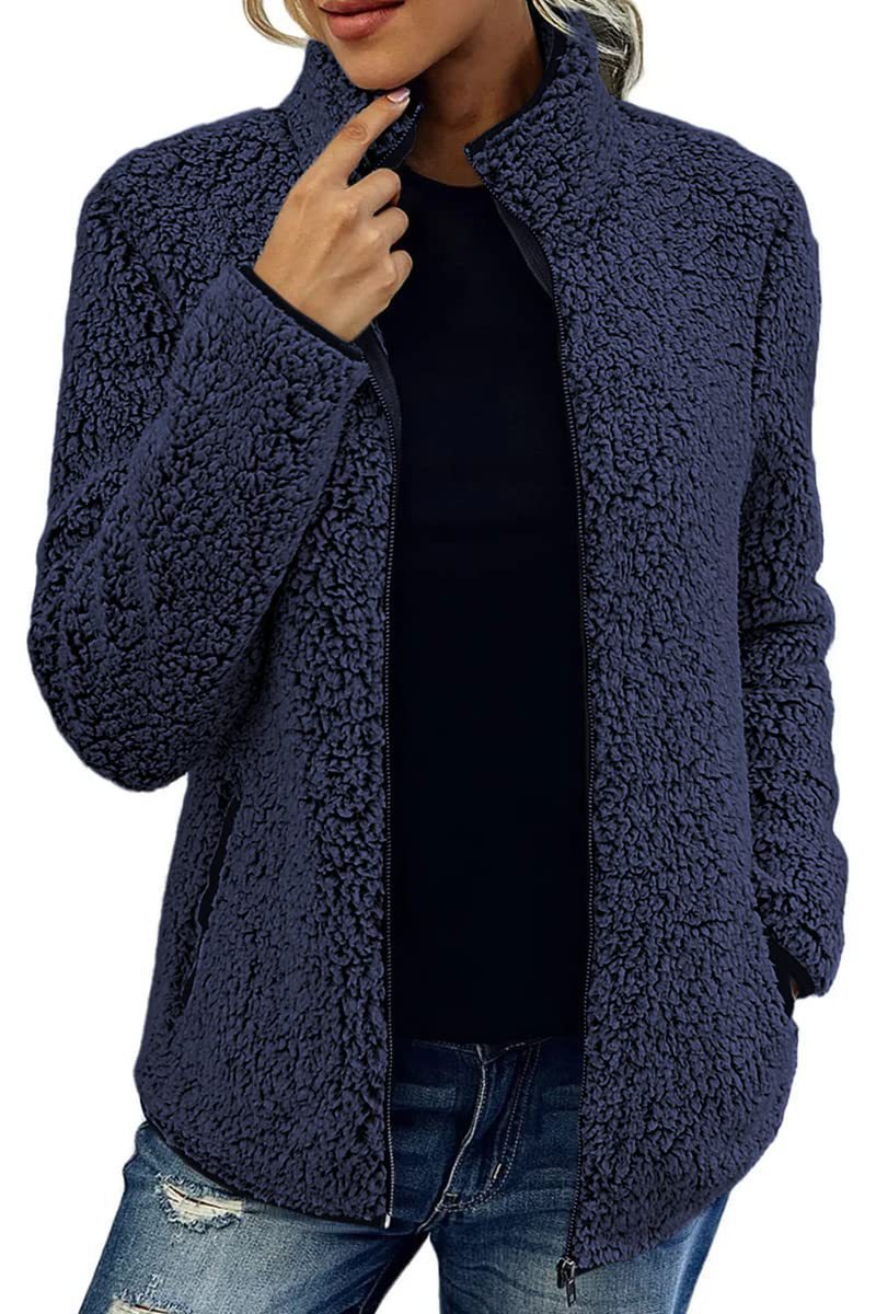 Fall Winter Warm Sweatshirt Stand Collar Solid Color Top Sweater Women's Casual Fashion Long Sleeve Zipper Bubble Velvet Coat Tops by My Store