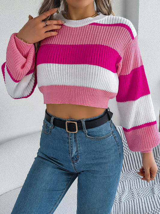 Women Casual Color Block Lantern Sleeve Cropped Pullover Sweater by DERILUJA LLC