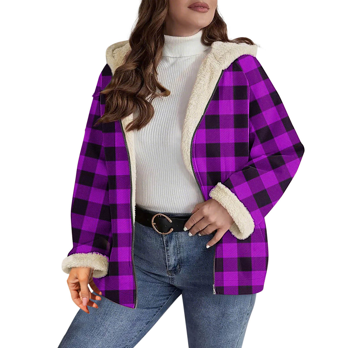 AutumnWinter Plaid Shearling Jacket Fluffy Coat by DERILUJA LLC
