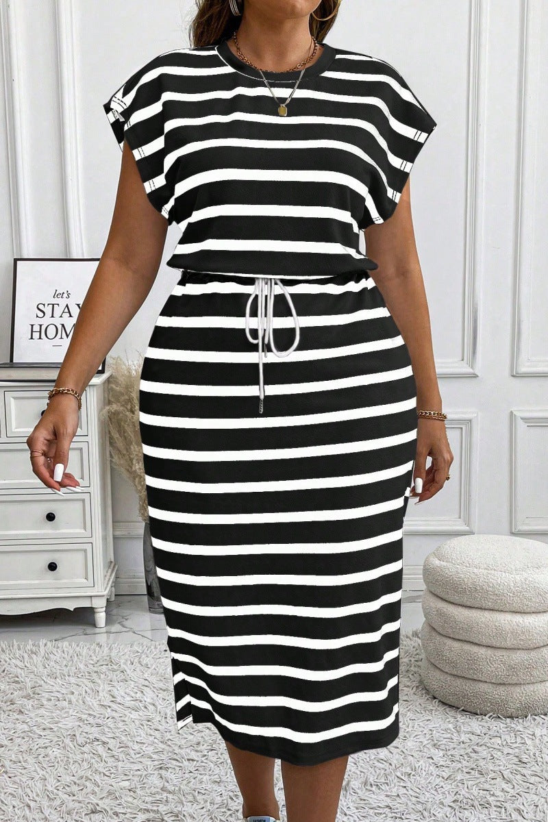 Round Neck Printed Tether Short Sleeve Dress by DERILUJA LLC