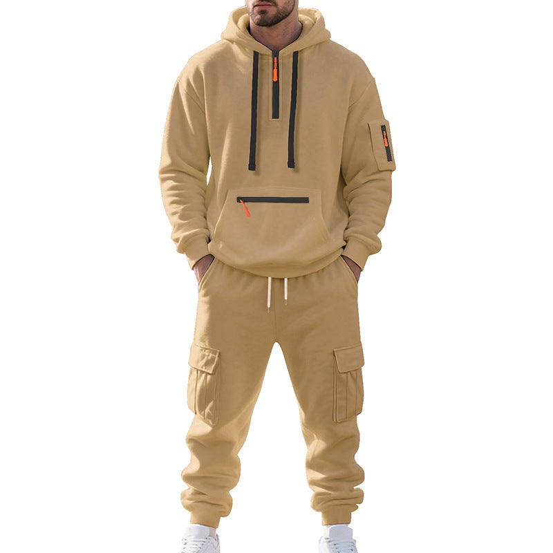 Men's Loose Sports And Leisure Suit Sweater Fleece-lined Hoodie Set Zipper Multi-Pocket Pullover Men's Sports Casual Top Two-piece Set by My Store