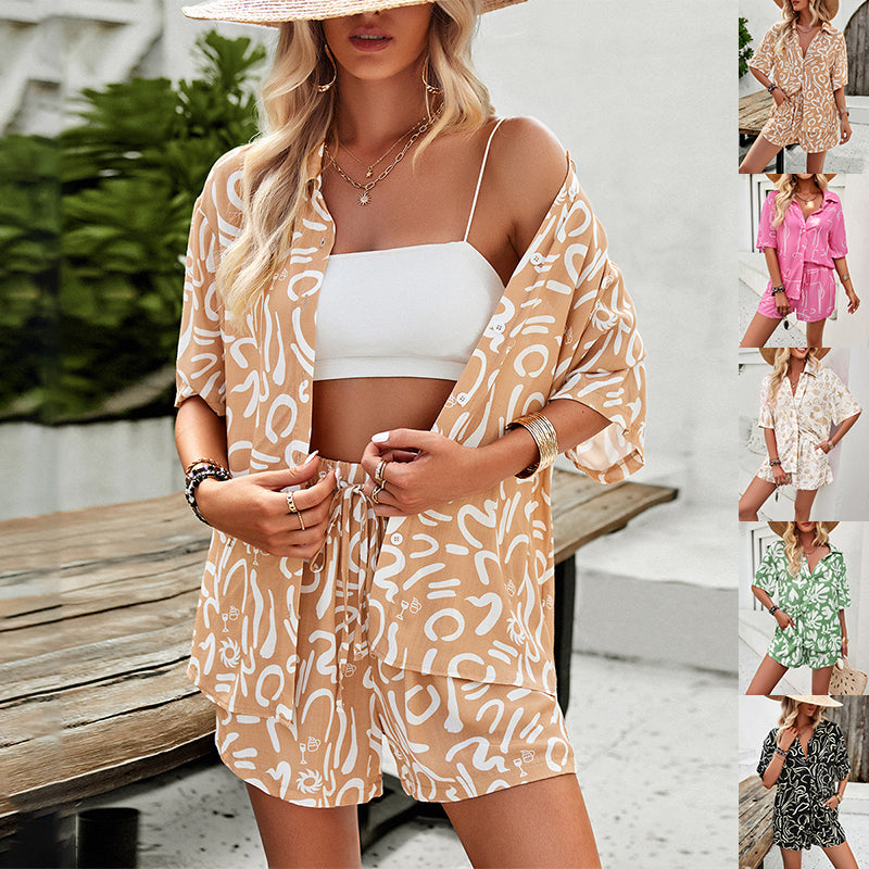 2Pcs Casual Printed Suits Short-sleeved Shirt And Drawstring Shorts Summer Fashion Womens Clothing by DERILUJA LLC