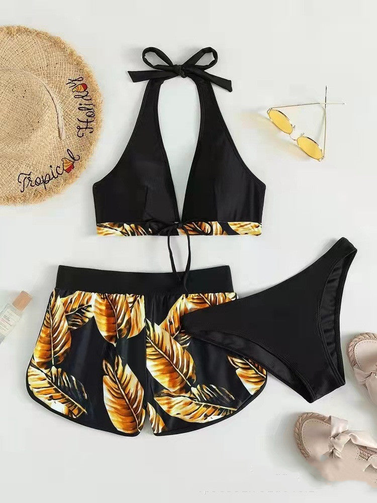 3pcs Leaf Print Bikini With Shorts Fashion Summer Beach Swimsuit Womens Clothing by DERILUJA LLC