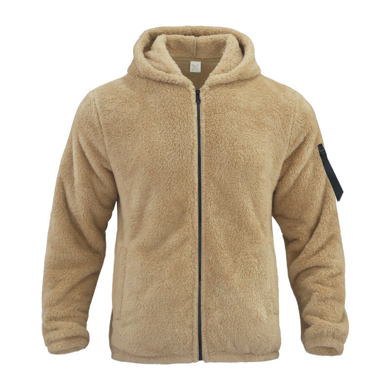 Plush Hooded Jacket Men's Autumn And Winter Fleece Double-sided Wear Warm Coat With Zipper Loose Casual Jacket Outdoor Clothing by DERILUJA LLC