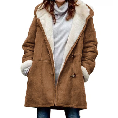 Winter Vintage Button Jackets Women's Warm Fleece Hooded Coat Casual Mid-Length Trench Top Outwear Clothing by DERILUJA LLC