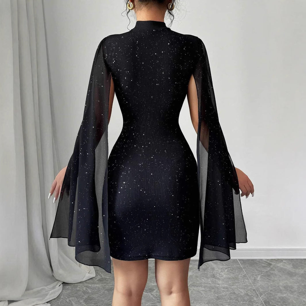 Women's Sexy Elegant Evening Party Dresses Round Neck Pit Stripe Pearl Chiffon Cape Sleeve Wrapped Hip Dress by DERILUJA LLC
