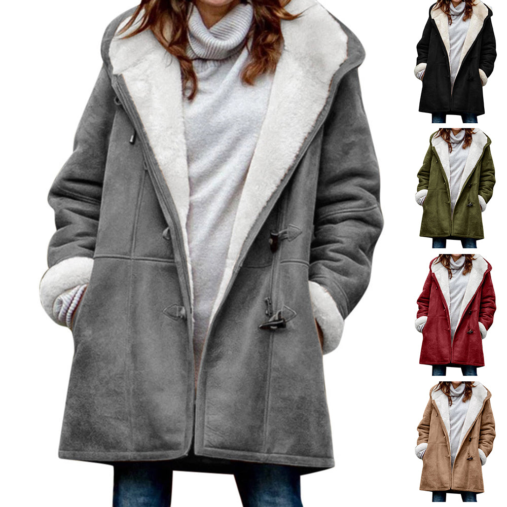 Winter Vintage Button Jackets Women's Warm Fleece Hooded Coat Casual Mid-Length Trench Top Outwear Clothing by DERILUJA LLC
