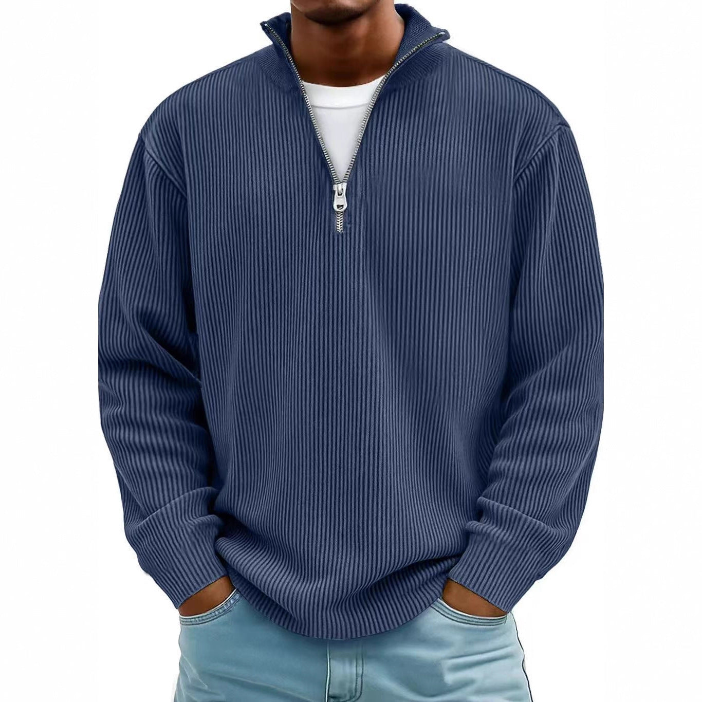 Corduroy Zipper Stand Collar Sweatshirt Fashion Warm Solid Color Long Sleeve Top Men's Casual Polo Shirt Clothing by My Store