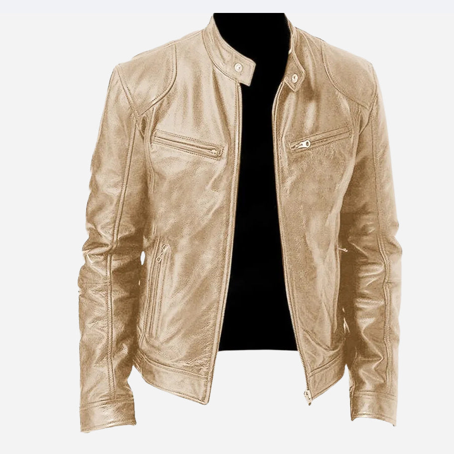 Men's Zip-up Cardigan PU Leather Jacket Fashion Pockets Stand Collar Short Tops Clothing by My Store