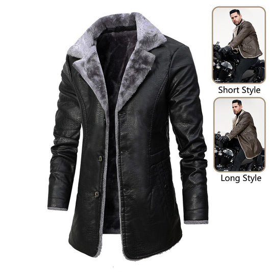 Plush Lapel Leather Jacket Winter Warm Fleece Single-breasted Coat For Men Long Clothing by DERILUJA LLC