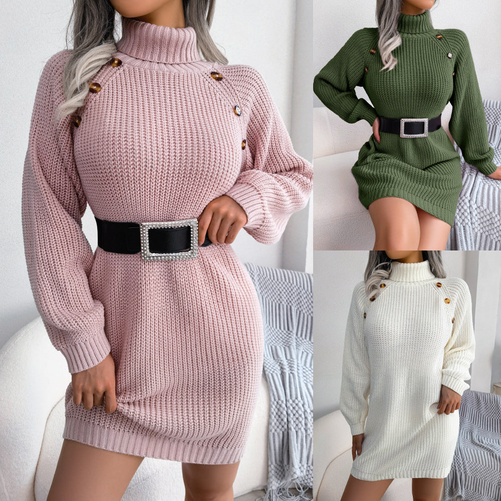 Winter Turtleneck Long Sweater Dress With Button Design Leisure Clinch Long Sleeve Base Sweater Women by DERILUJA LLC