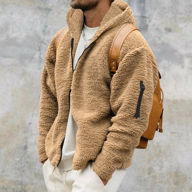 Plush Hooded Jacket Men's Autumn And Winter Fleece Double-sided Wear Warm Coat With Zipper Loose Casual Jacket Outdoor Clothing by DERILUJA LLC