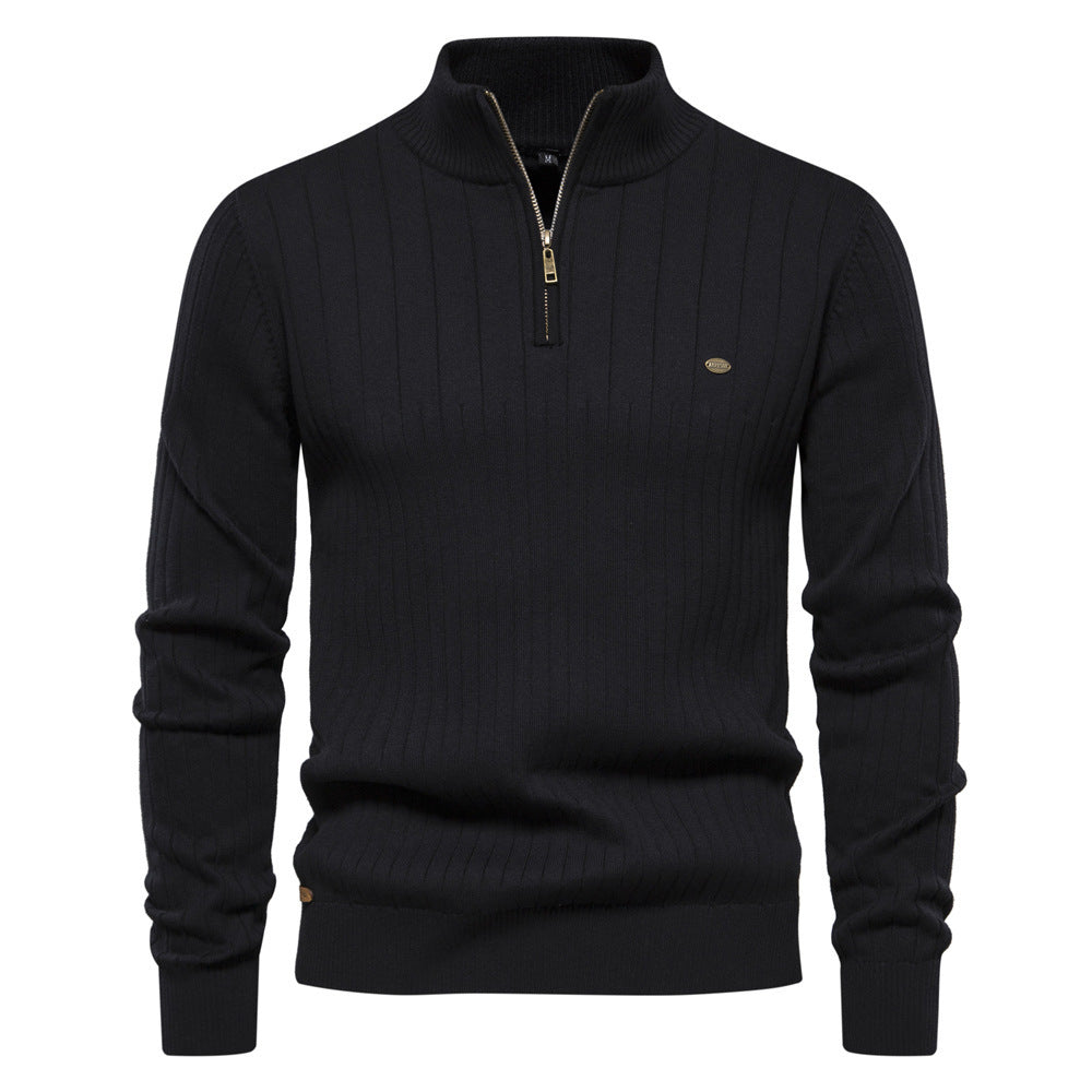 Men's Stand Collar Sweater Fashion Half-zipper Solid Color Striped Knit Sweater High Quality Slim Fit Top Clothing by My Store