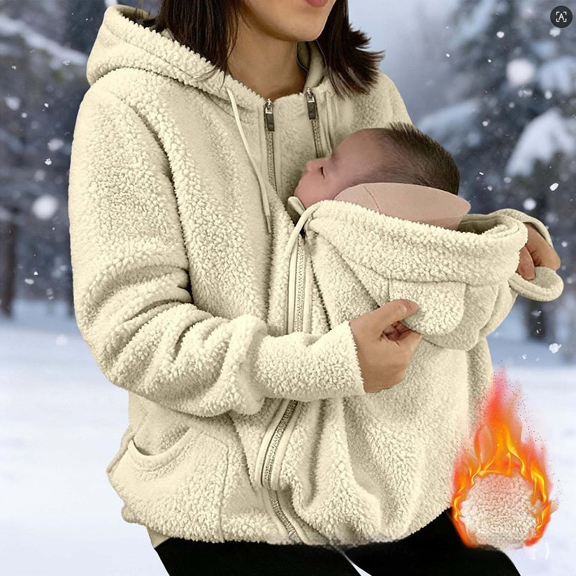 Corduroy Hooded Sweatshirt With Baby-pocket Women's Thickened Zip-up Jacket For Parent-Child Matching Outfits by DERILUJA LLC
