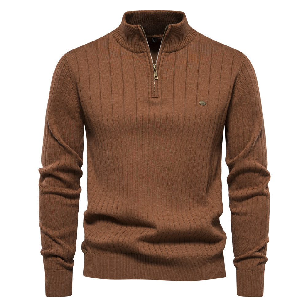 Men's Stand Collar Sweater Fashion Half-zipper Solid Color Striped Knit Sweater High Quality Slim Fit Top Clothing by My Store