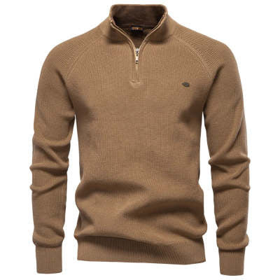 Men's Zipper Stand Collar Knitted Sweater Fashion Slim Solid Color Long Sleeve Half Turtleneck Top Men's Clothing by My Store