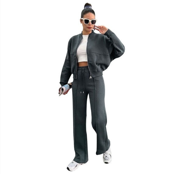 Women's Sports Suits Zipper Jacket And Wide Leg Pants Two-piece Set by My Store