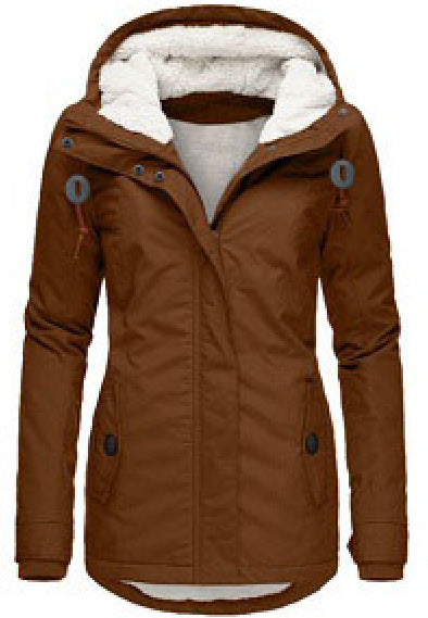 Winter Hooded Jacket Solid Color Warm Buckle Zip-up Fleece Jacket With Pockets Women's Casual Jacket by My Store