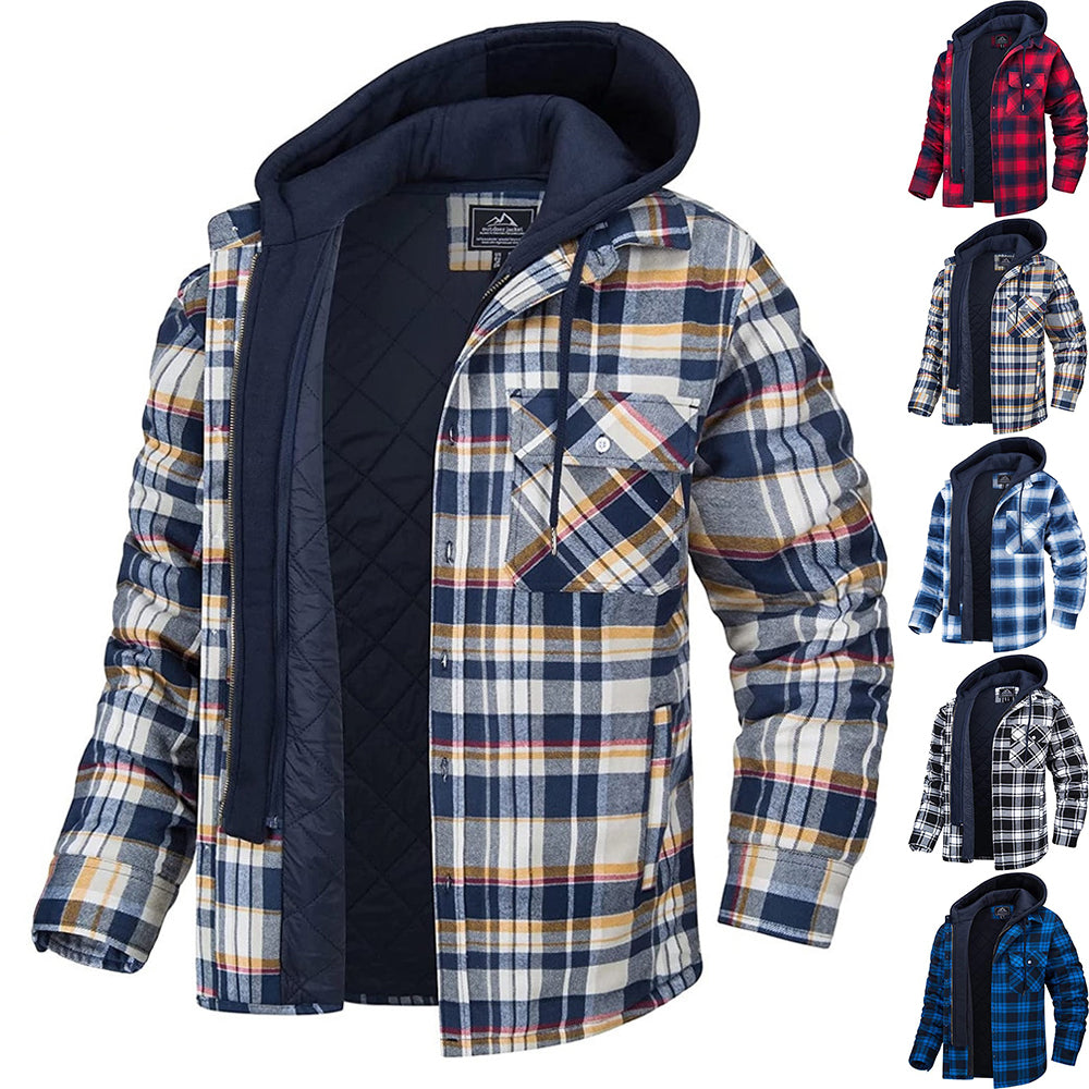Men's Plaid Hooded Coat Winter Warm Button Zip-up Jacket Fashion Casual Thick Padded Long Sleeves Outerwear Clothing by DERILUJA LLC