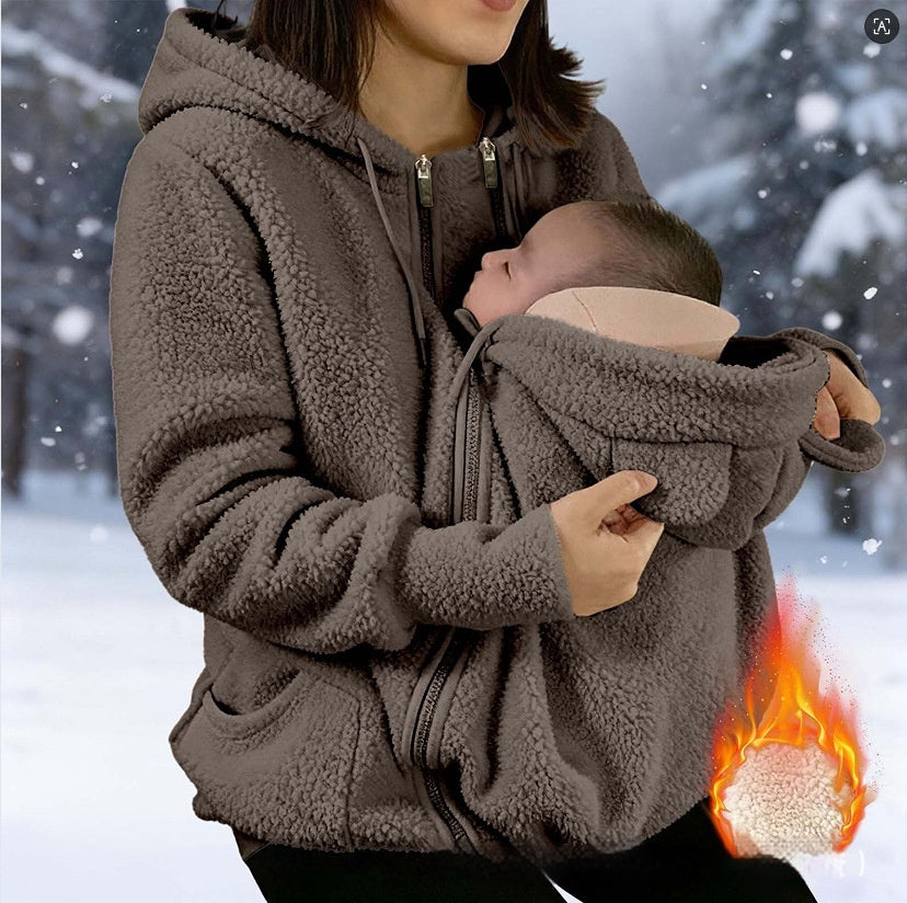 Corduroy Hooded Sweatshirt With Baby-pocket Women's Thickened Zip-up Jacket For Parent-Child Matching Outfits by DERILUJA LLC
