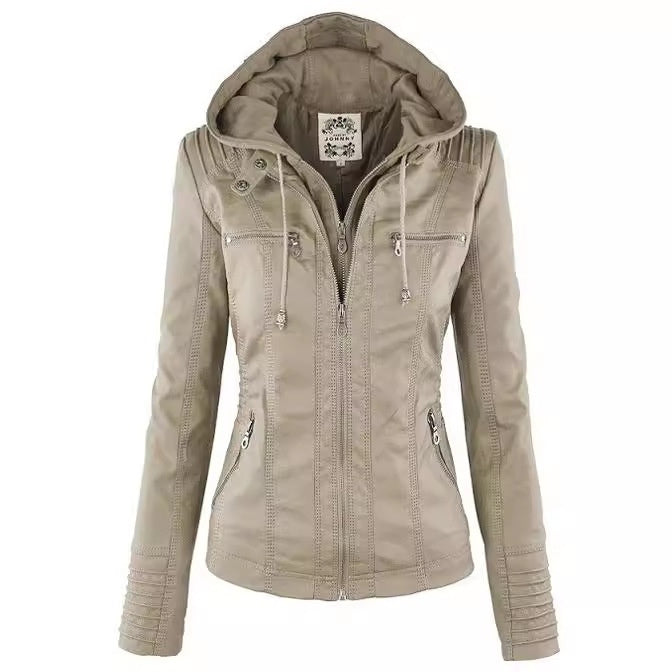 Women's Detachable Lapel Long Sleeve Solid Color Zipper Leather Jacket Coat by My Store