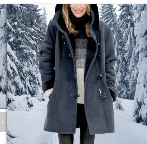Winter Vintage Button Jackets Women's Warm Fleece Hooded Coat Casual Mid-Length Trench Top Outwear Clothing by DERILUJA LLC