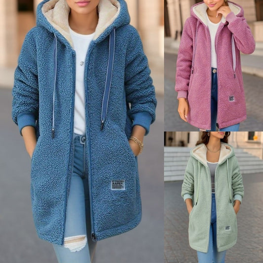 Winter Fleece Hooded Jacket Fashion Casual Zip-up Pockets Long Sweatshirt Warm Commuter Women's Clothing by My Store