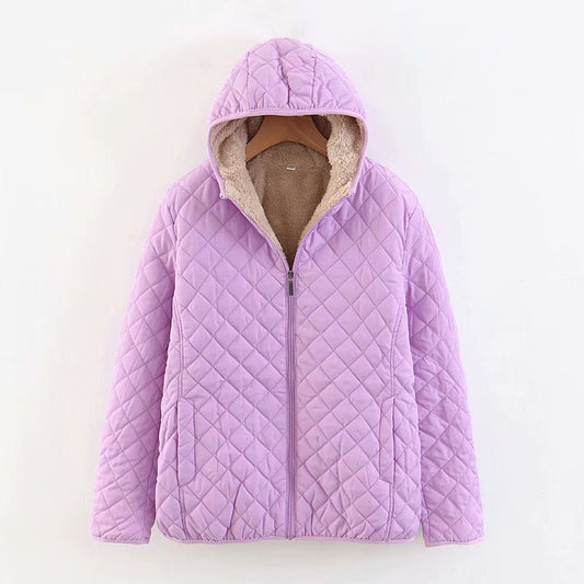 Women's Short Casual Padded Lamb Fleece Jacket by DERILUJA LLC