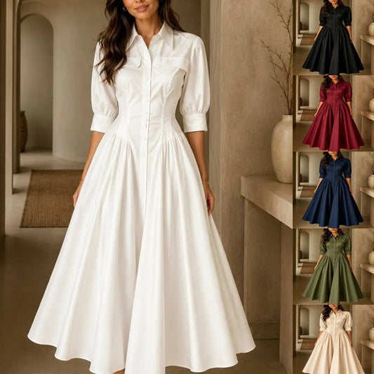 Cotton-linen Blend Single-breasted High-waisted Solid-color Dress by DERILUJA LLC