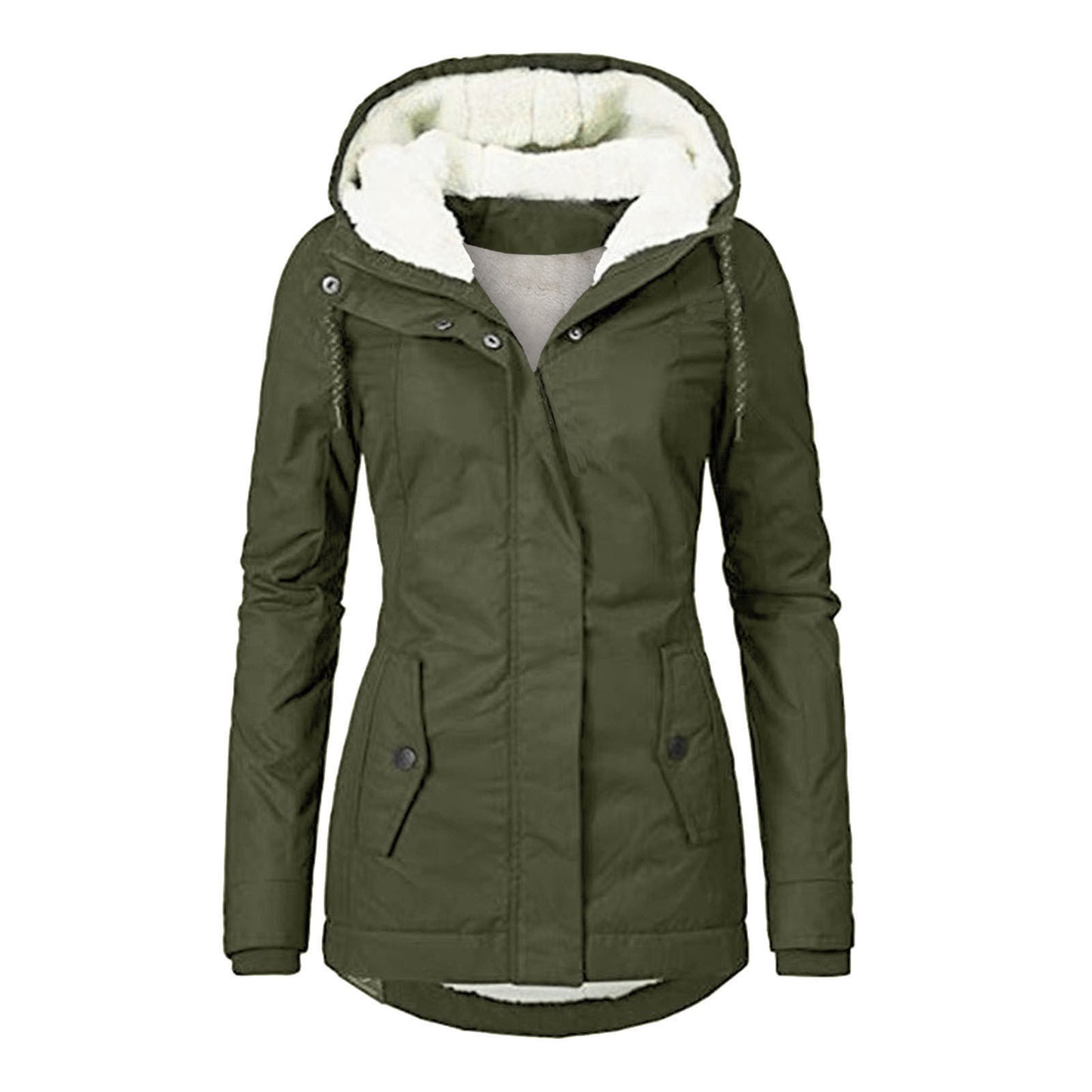 Winter Hooded Jacket Solid Color Warm Buckle Zip-up Fleece Jacket With Pockets Women's Casual Jacket by My Store