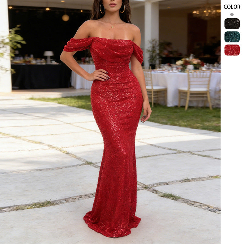 Women's Sexy Sequin Off-Shoulder Split Dress - Sparkly Off Shoulder Summer Party Long Dresses Evening Party Gown by DERILUJA LLC