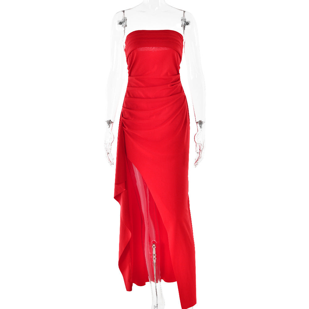 Strapless Split Long Dress Summer Fashion Pleated Bridesmaid Dress For Womens Party Wedding Clothing by My Store