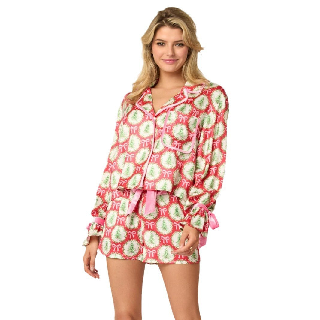 2 Pcs Women's Christmas Pajama Set Santa Tree Print Lapel Neck Button-up Long Sleeve Tops Shorts Loungewear Outfit by My Store