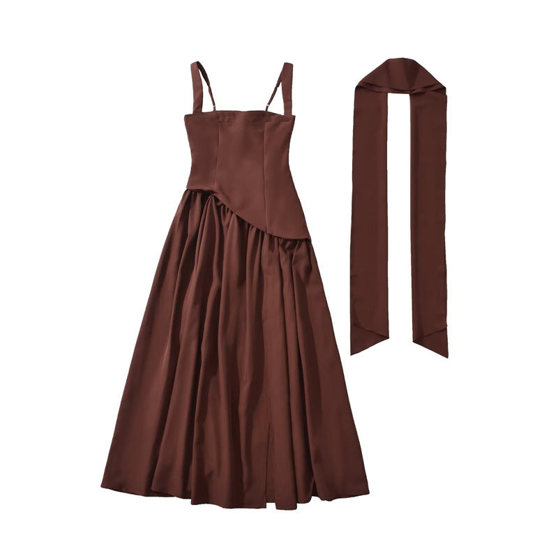 Elegant Olive Green Maxi Dress For Women Summer Flowy Long Dress With Scarf Birthday Party Beach Graduation Dress by DERILUJA LLC