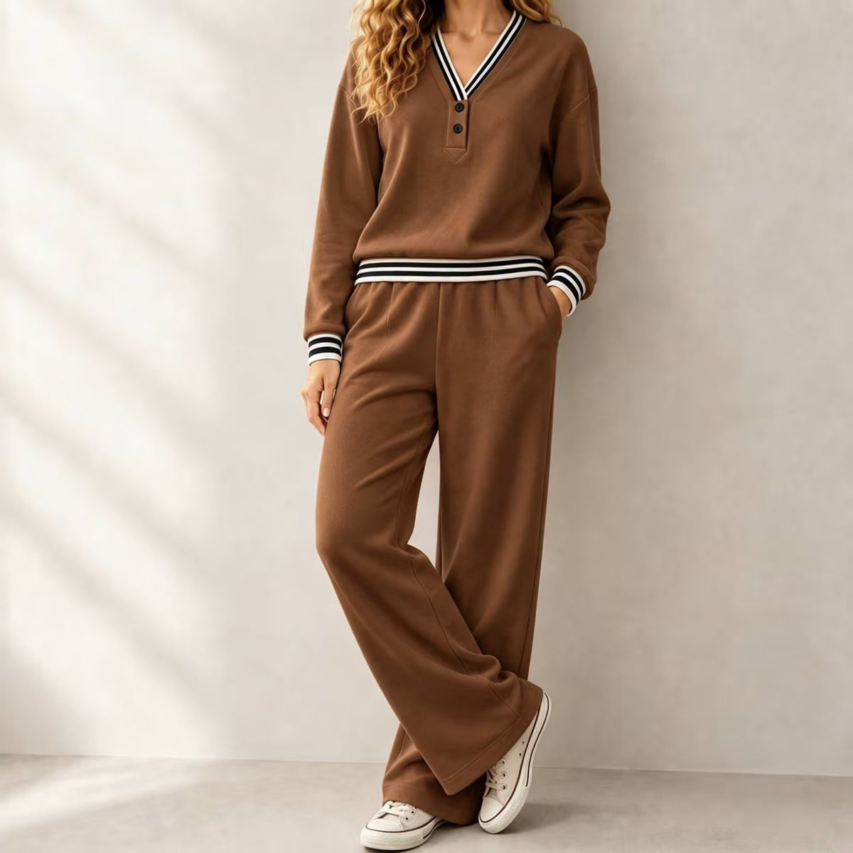 Womens V-neck Striped Sweatshirt And Wide-leg Pants Casual Lounge Set by DERILUJA LLC