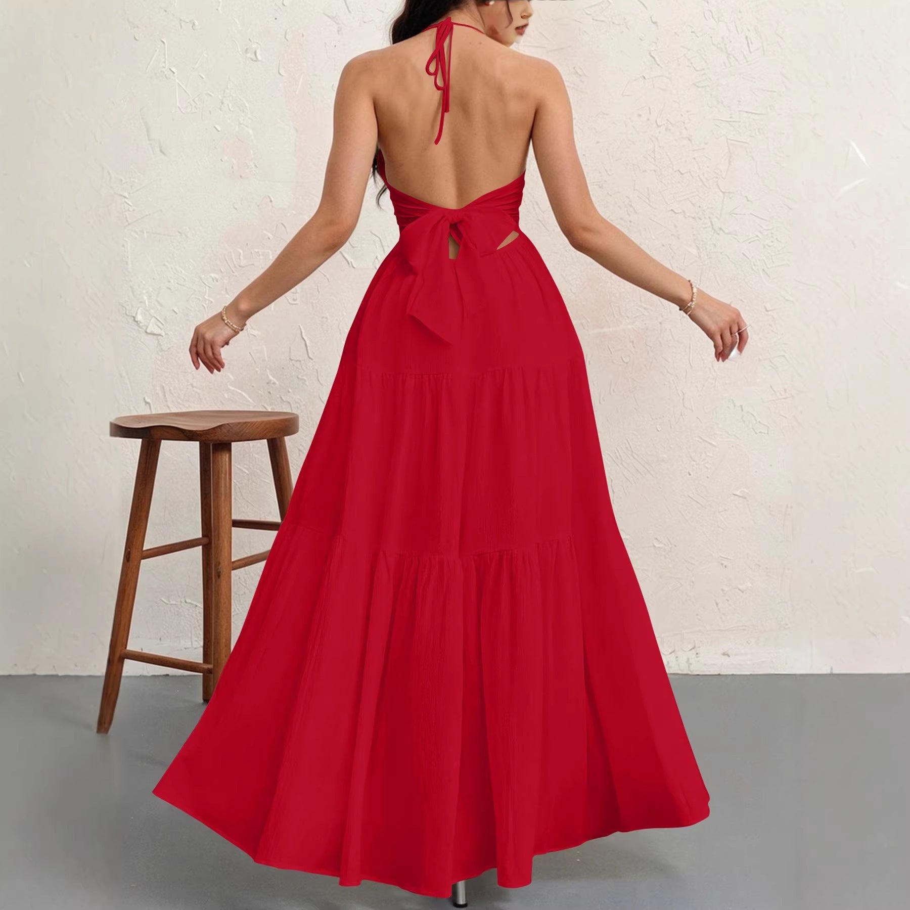 Backless Halterneck V-Neck Pleated A- Line Dress Women's Clothing One-Piece Dress Ankle-length Skirt For Beach Vacation Outfits by DERILUJA LLC