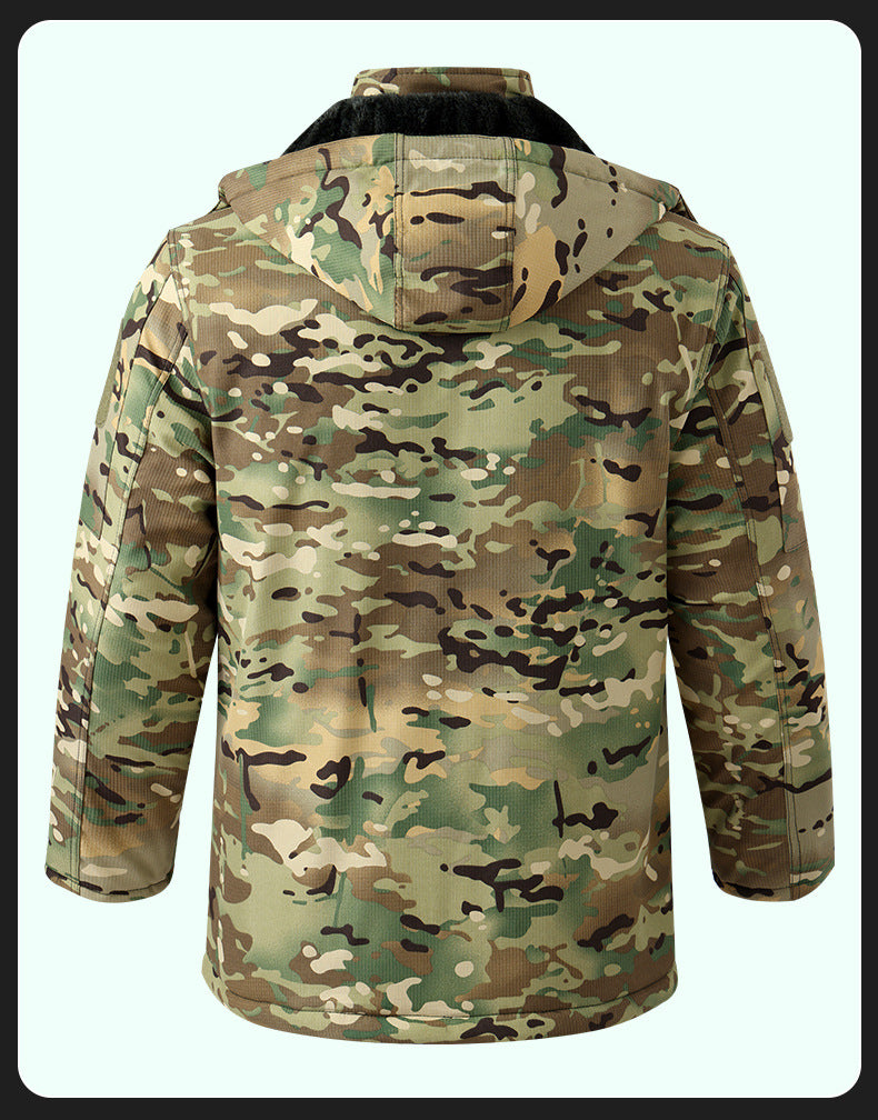 Men’s Fleece-Lined Camouflage Winter Work Jacket – Hooded Mid-Length Coat