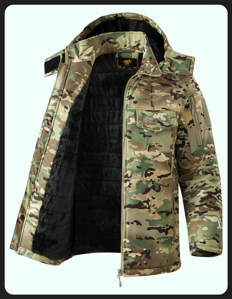 Men’s Fleece-Lined Camouflage Winter Work Jacket – Hooded Mid-Length Coat