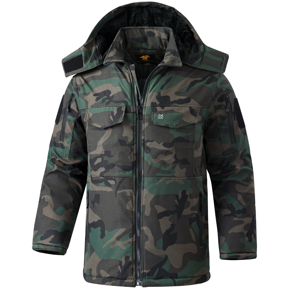 Men’s Fleece-Lined Camouflage Winter Work Jacket – Hooded Mid-Length Coat