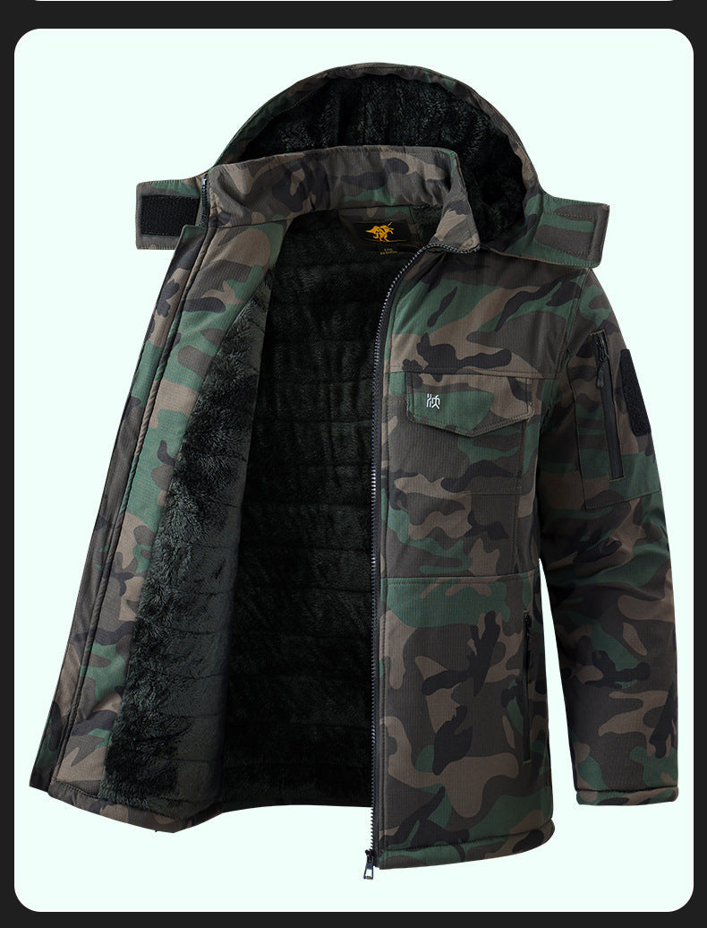 Men’s Fleece-Lined Camouflage Winter Work Jacket – Hooded Mid-Length Coat