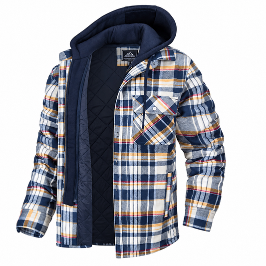 Men’s Hooded Plaid Padded Winter Jacket by DERILUJA LLC
