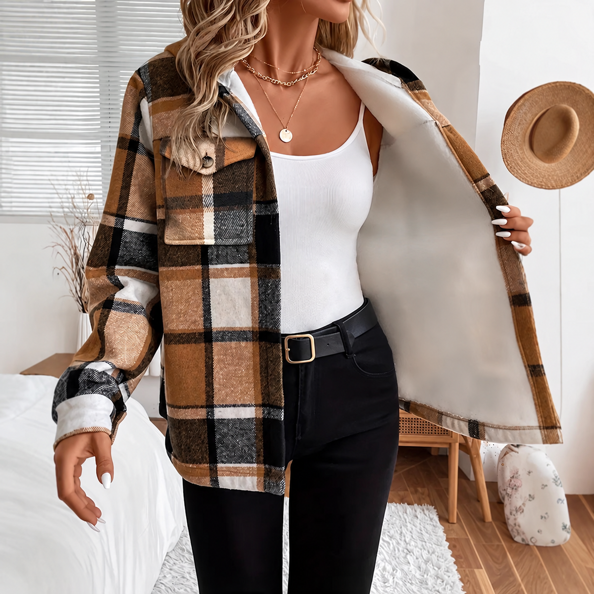 Women’s Plaid Hooded Casual Jacket – Relaxed Fall & Winter Layer by DERILUJA LLC