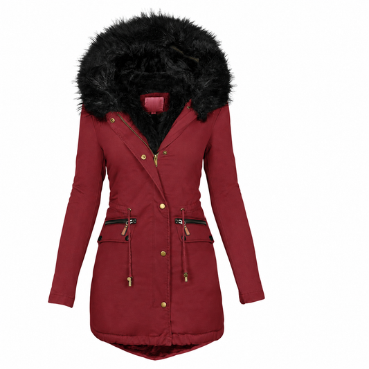 Women’s Plush Hooded Winter Parka – Mid-Length Zip-Up Coat with Pockets by DERILUJA LLC