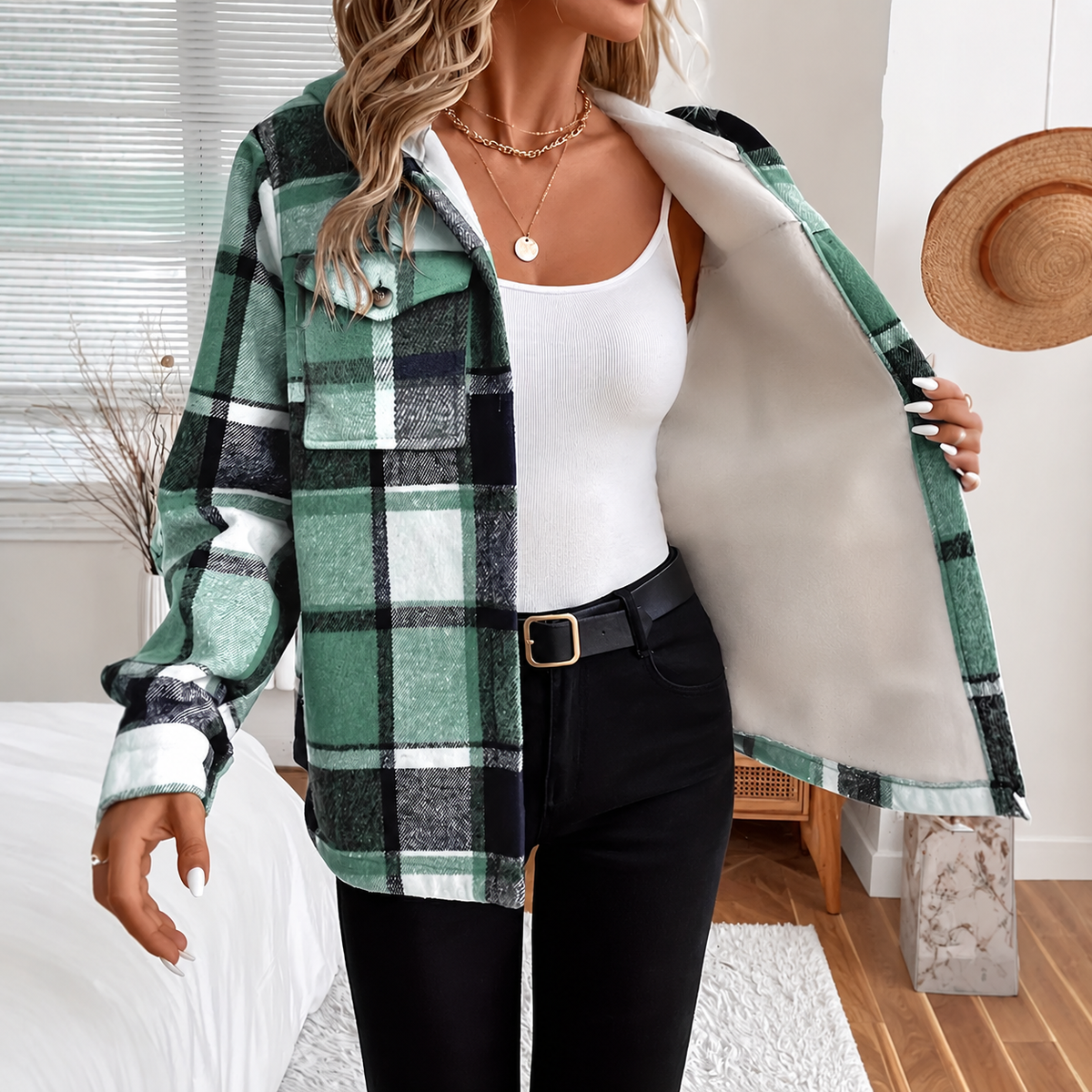 Women’s Plaid Hooded Casual Jacket – Relaxed Fall & Winter Layer by DERILUJA LLC